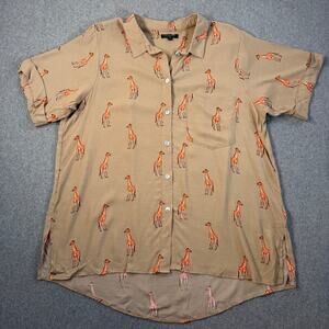 For Cynthia Giraffe Button-Up Shirt Women's 1X Tan Novelty Print Short Sleeve